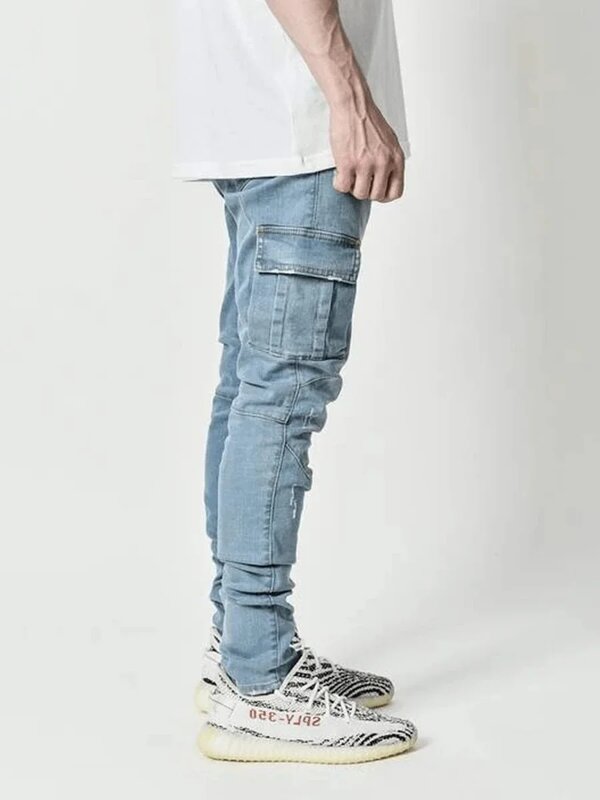 Street Elastic Jeans Men Denim Cargo Pants Wash Solid Color Multi Pockets Casual Mid Waist Trousers Slim Fit Daily Wear Joggers
