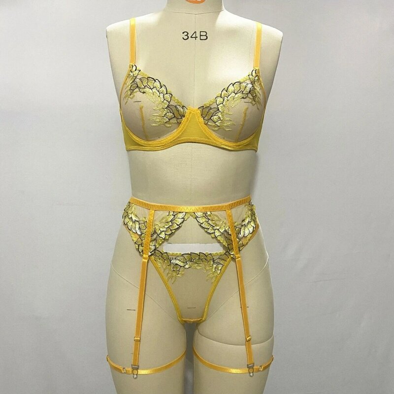 Lingerie érotique transparente jaune pour femme, nouveau, ensemble 3 pièces, soutien-gorge push-up, string