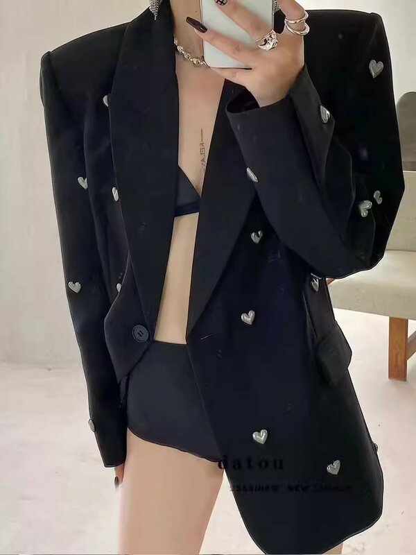 헤비 인더스트리 다이아몬드 박힌 세트 재킷, 여성용 고급 디자인 감각, 마이너리티 스트리트 블레이저, 블랙, 2024 용수철 가을 신상