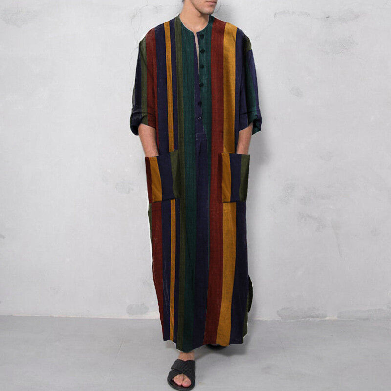Men's Abaya Muslim Arab Dubai Robe Half Sleeves Shirts Islamic Kameez Jubba Thobe Man Qamis Stripes Printing Ramadan KaftanS-5XL