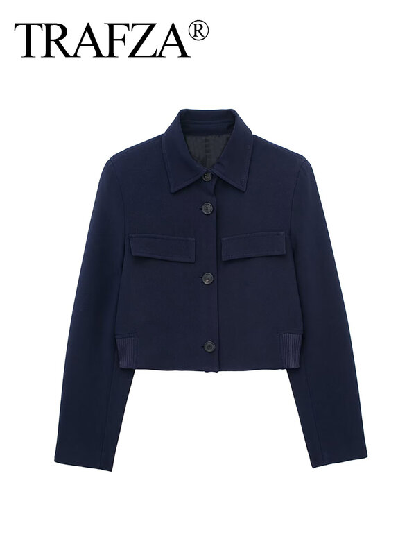 TRAFZA 여성용 스트리트웨어 짧은 재킷, 턴다운 칼라, 긴팔, 페이크 포켓, 싱글 브레스트, 용수철 코트, 트렌디