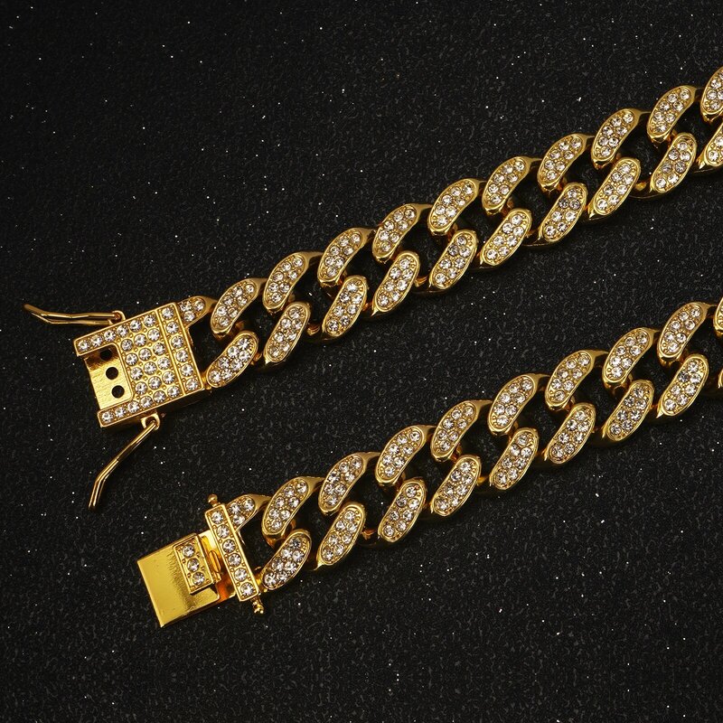 Cão corrente de diamante colar cubano andando colar de corrente de metal com design fivela segura, gato de estimação colar cubano jóias acessórios