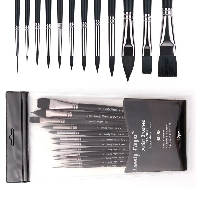 12pcs Professional Watercolor Paint Brushes Set Includes Round Flat Cat's Tongue Brushes Synthetic Hair for Watercolor Acrylic