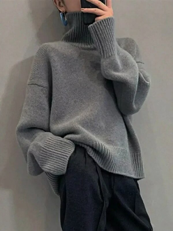 여성용 터틀넥 스웨터, 한국 패션, 루즈 블랙 긴팔 탑, 단색, 심플 캐주얼 여성 풀오버, 가을 E305