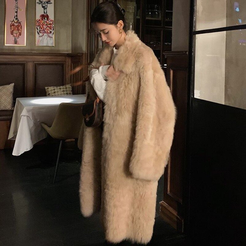 2023 Autumn Winter New Women Imitation Fox Furs Coat Fashion Thicken Thermal Long Parkas Female Elegance Solid Color Outwear