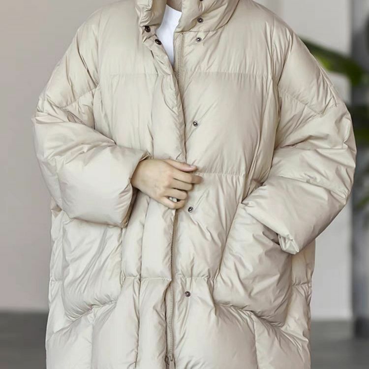 Europeu grande pato baixo casaco para mulheres, pescoço em pé, comprimento médio, grosso, ajuste solto, quente, casual, branco, novo, inverno