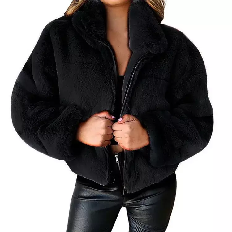 Abrigos cortos de piel sintética para mujer, cárdigan de felpa con cremallera, abrigo cálido, chaqueta gruesa, novedad de invierno, 2023