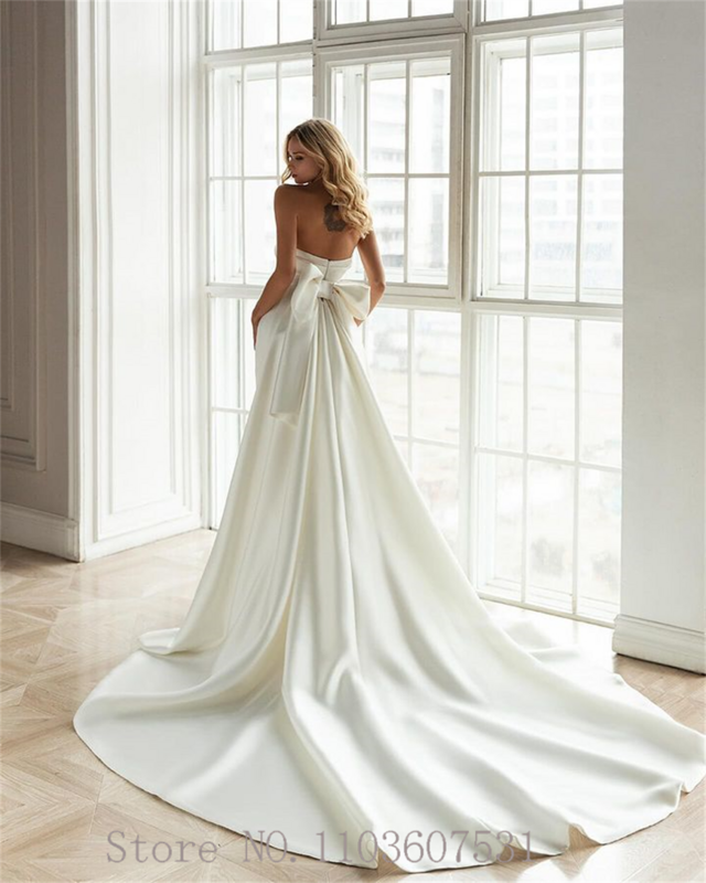 Robe de mariée froncée en satin pour femme, col bateau élégant, nœud sirène sexy, robe de mariée perfecCourt