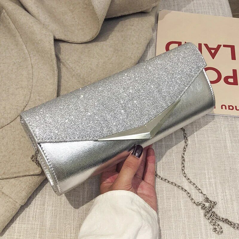 Women's Handbag Luxury Shiny Flap Clutch Bag Metal Decor Purses Evening Party Elegant Glitter Hand Bag Mini Square Packet