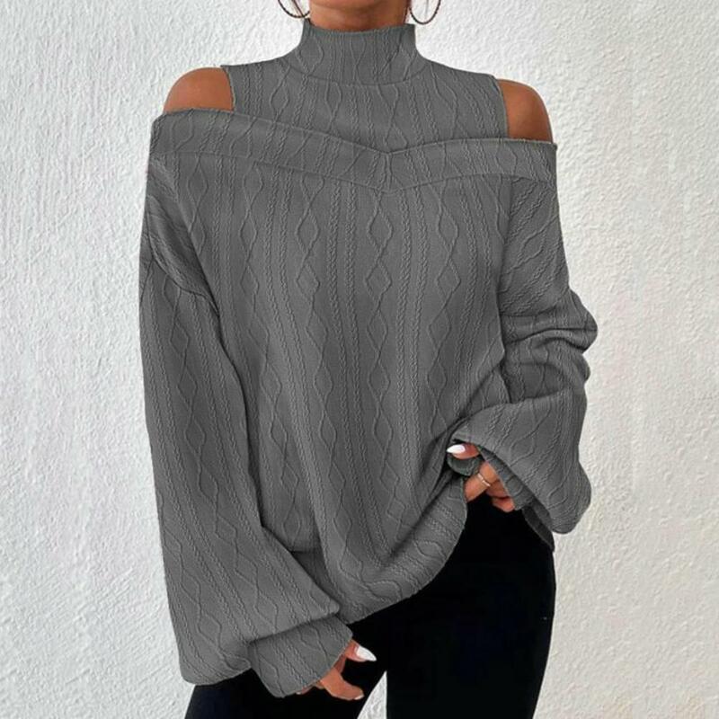 Lente T-Shirt Chique Off Shoulder Pullover Stijlvolle Holle Ruit Textuur Blouse Voor Vrouwen Voor Herfst Lente Mode Voor Vrouwen