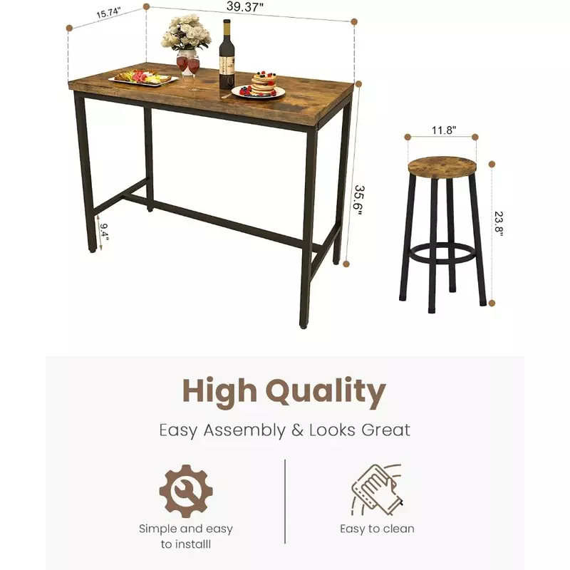 Mesa de Bar de 3 piezas, juego de cubiertos, mostrador y taburete de Bar moderno, encimera de cocina para 2 personas, encimera de madera, Bistro rústico marrón