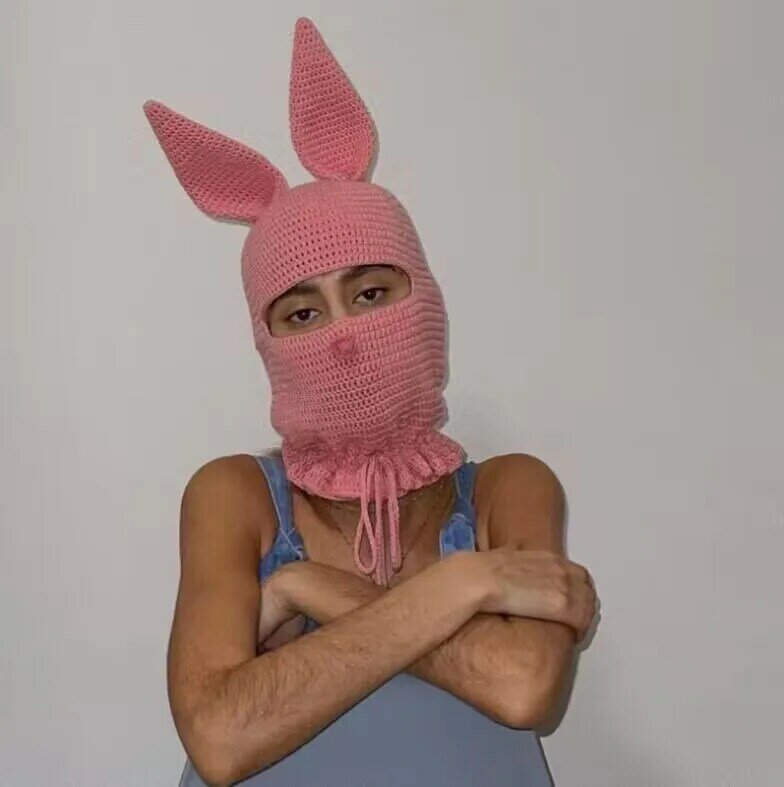 Gorro de punto con orejas de conejo rosa, gorro de lana hecho a mano divertido Louis Belcher, conjunto de cosplay de Halloween, 23