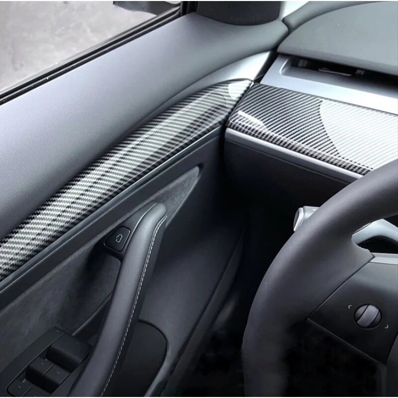 แถบแดชบอร์ดสำหรับคอนโซลกลาง Tesla รุ่น3 Y ฝาสติกเกอร์คาร์บอนไฟเบอร์ ABS แบบอุปกรณ์เสริมรถยนต์2017-2023