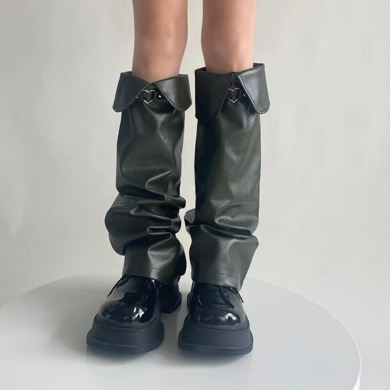Meias altas para mulheres e meninas, capas de perna de lapela de couro Y2K, aquecedores de renda aconchegantes, meias pretas subcultura quente