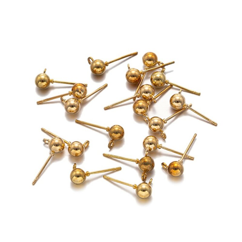 50 buah 3 4 5mm bulat bola anting Stud Post dengan Loop cocok untuk DIY anting membuat perhiasan perlengkapan temuan aksesoris grosir