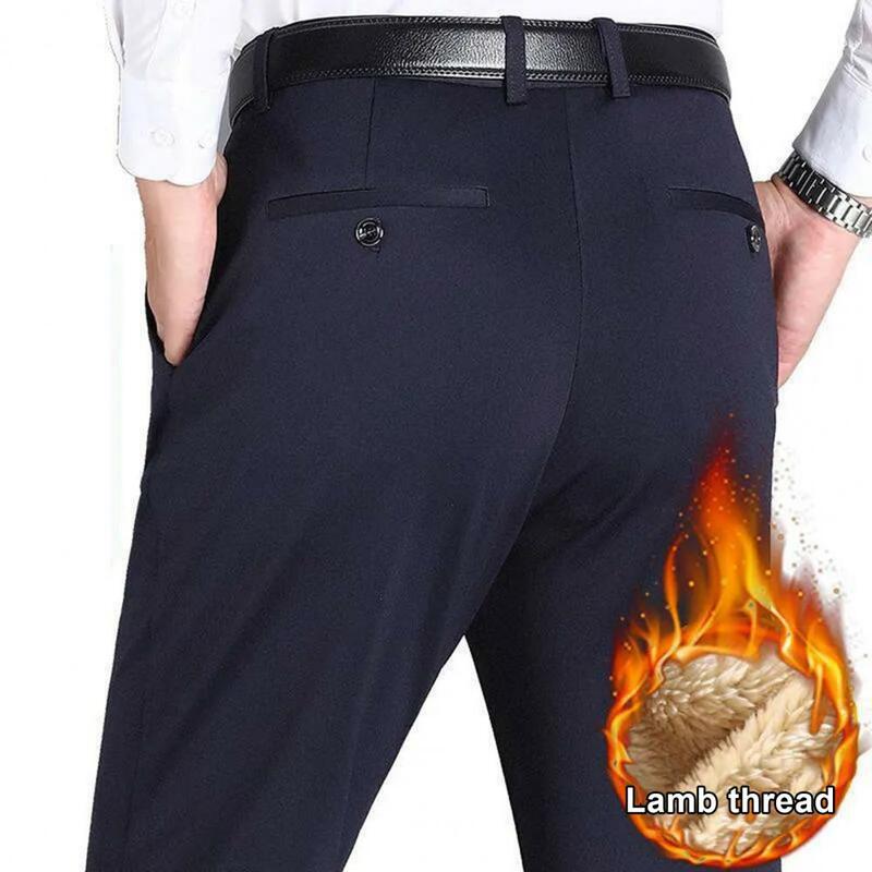 Zimowe męskie spodnie ciepłe pluszowe męskie spodnie garniturowe stylowe spodnie biznesowe z wysokim stanem głębokie krocze przytulne kieszenie boczna kieszeń mężczyzn