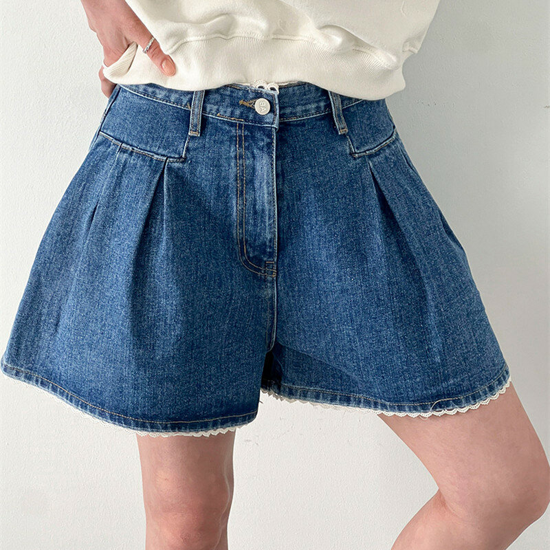 Chique Kanten Denim Shorts Streetwear Dames Casual Los Voor Koreaanse Dames Hoge Taille Jeans Kort 2024 Zomer N906a
