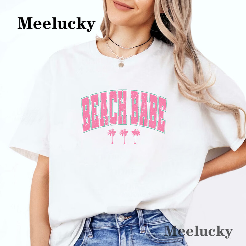 Beach Babe Letter T Shirts Women Fashion Cotton Tops O-Neck Casual Tee Shirt Summer Comfortable Sportswear ﻿