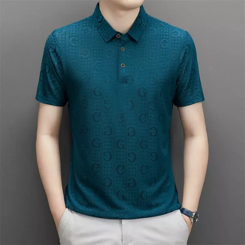 Camisa polo casual solta masculina, camiseta minimalista de padrão escuro, top fino, nova tendência, verão