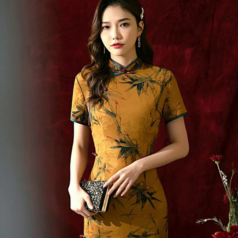 ฤดูร้อน2022ใหม่ผู้หญิงสั้นแขนยาว Qipao Lady พิมพ์ Vintage ปุ่มชุดปาร์ตี้หญิงจีน Cheongsam แบบดั้งเดิม