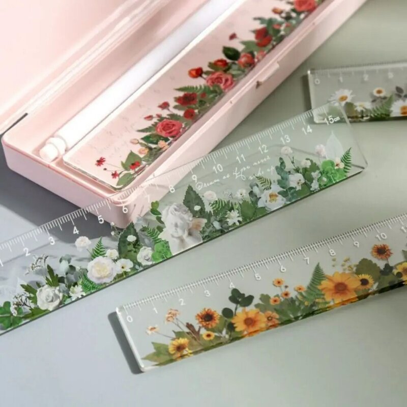 Multifunction 15cm Straight Ruler Creative Double-duty Transparent DIY Drawing Tools Rose Daisy Math Drawing Ruler Office