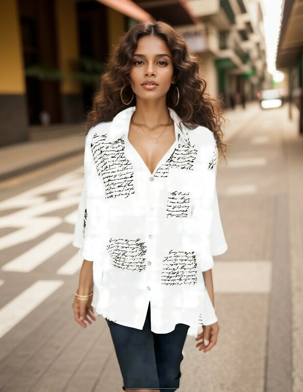 Letter Print Fashion Lapel Shirt Blouses Women Spring Summer 2024 Vintage Swallowtail Shirt Long Sleeve Loose Irregular Tops