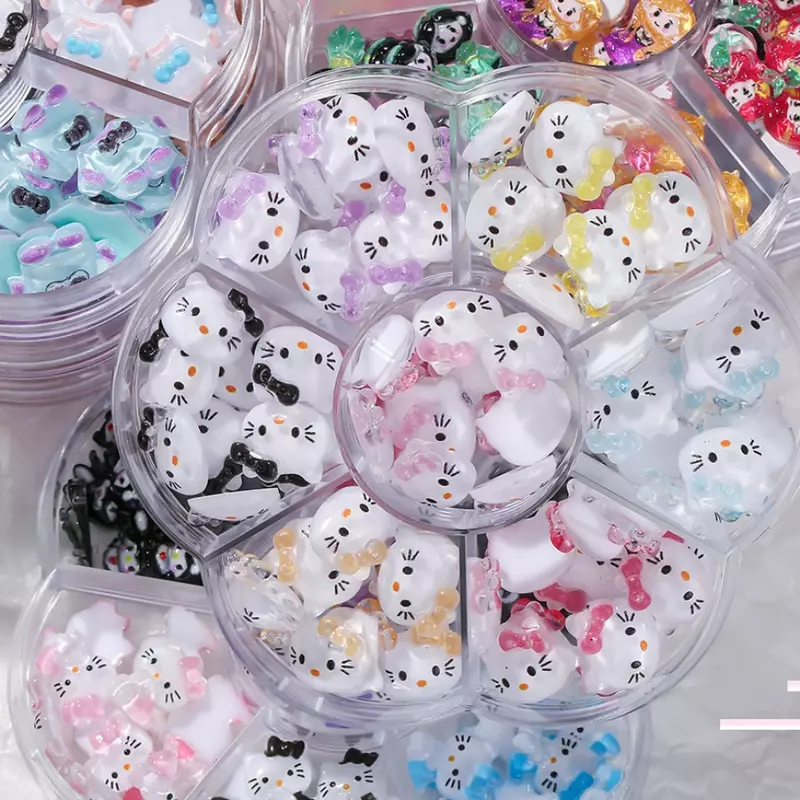 Sanrioed Set perhiasan kuku palsu, 70 buah Anime Kawaii Hellos Kittys kartun Melodys kurokis Diy Aksesori kuku hadiah anak perempuan