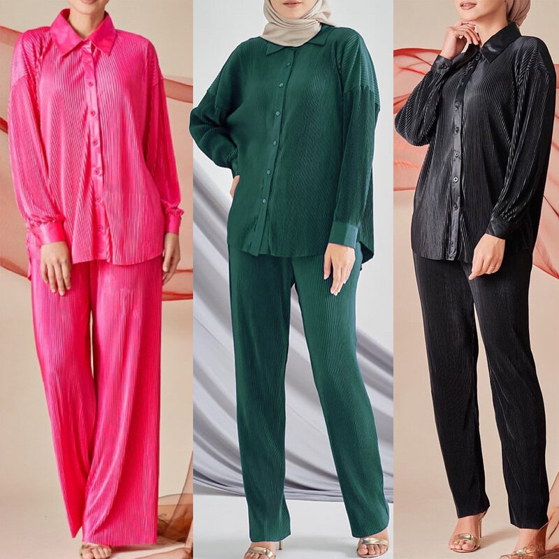 Muslim Set Fashion Islamic Modest 2 Piece Dress Women Pleated Button Tops Wide Leg Pants Suit Dubai Turkey Abaya Kaftan Outfits