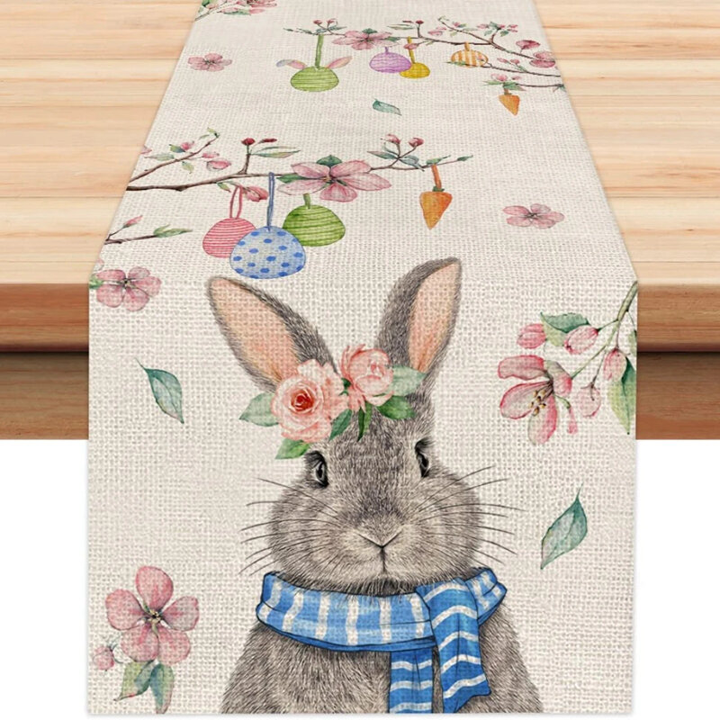 2024 Easter Rabbit Table Runner Linen Bunny Dining Table Cloth Placemat Spring Holiday Happy Easter Decoration For Home Kitchen