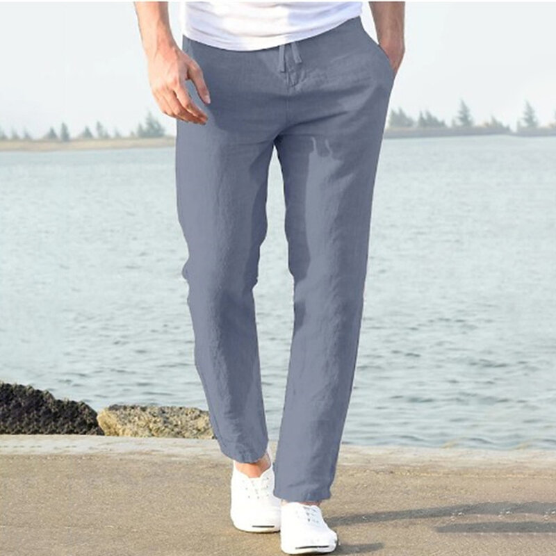 Мужские летние спортивные брюки из хлопка и льна в стиле ретро, мужские повседневные однотонные брюки-султанки, модные Универсальные прямые брюки, 2024