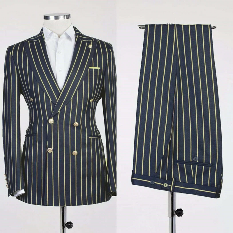 Conjuntos de blazer de negócios com listras masculinas, casaco masculino com calça, jaqueta trespassado duplo, calças estilo britânico, personalizar, 2 peças