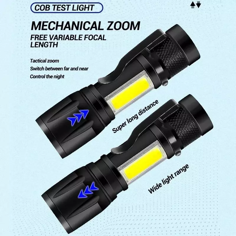 Mini lampe de poche LED COB + XPE, torche portable, lanterne de camping, zoomable, mise au point, lampe de poche avec pince à stylo, 1 pièce, 3 pièces, 5/7 pièces