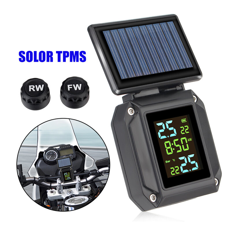 Dengan jam 0-6Bar sepeda motor Solor TPMS 2 sensor tekanan ban sistem pemantau penguji ban Alarm Moto aksesoris Universal