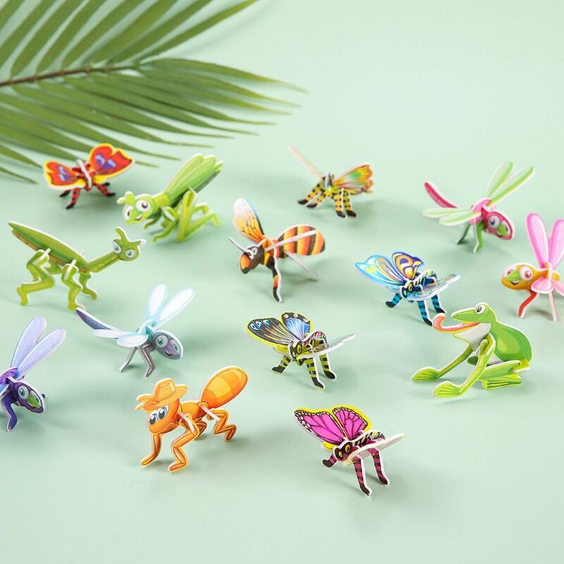 10 buah kertas serangga lucu teka-teki Jigsaw serangga 3D DIY buatan tangan kartu kertas kartun kupu-kupu kertas kartu 3D Puzzle pesta