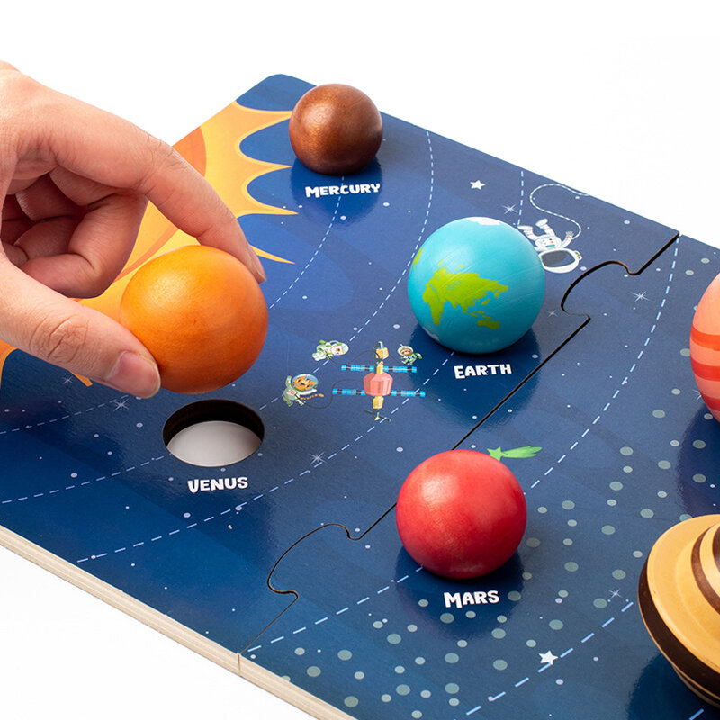 Juguetes de Educación Temprana de madera Montessori para bebé, rompecabezas 3D de ocho planetas, juguete de cognición del universo, Sistema Solar, tablero a juego de planetas