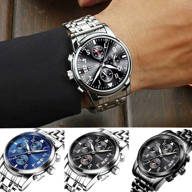 Jam tangan mewah pria, gelang baja pria jam tangan mode & kasual pria kalender tunggal menyala tahan air Desain Mode