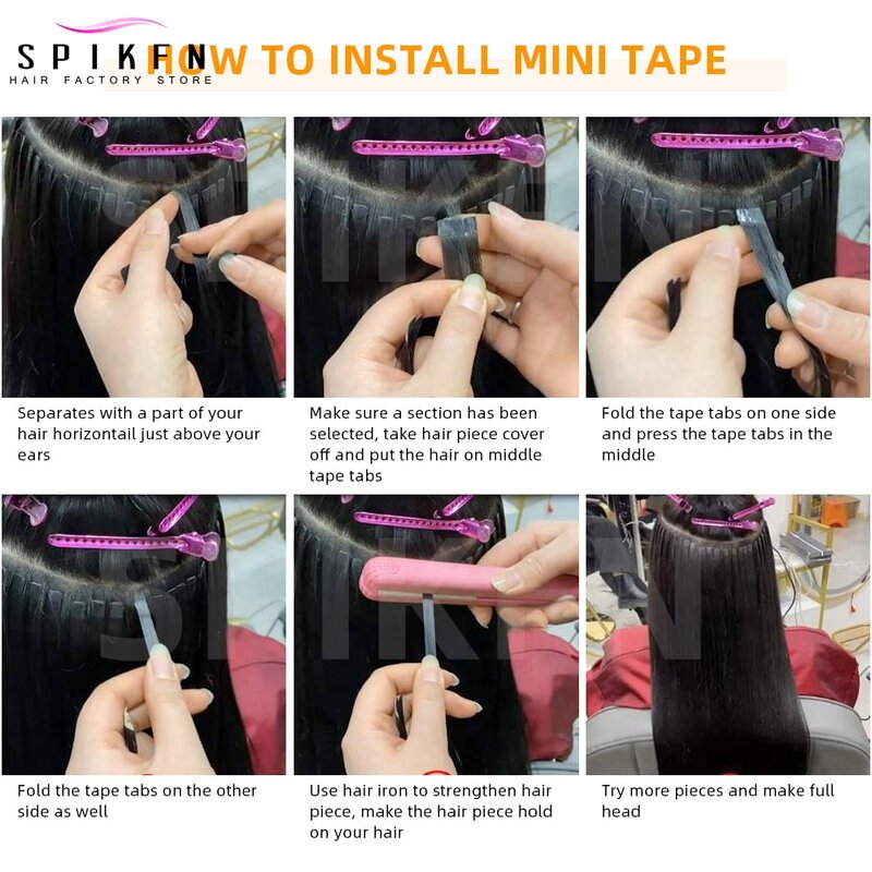SPIKFN-Mini cinta en extensiones de cabello humano, pelo liso de 12-24 pulgadas, microcinta adhesiva sin costuras, 10 unids/lote por paquete