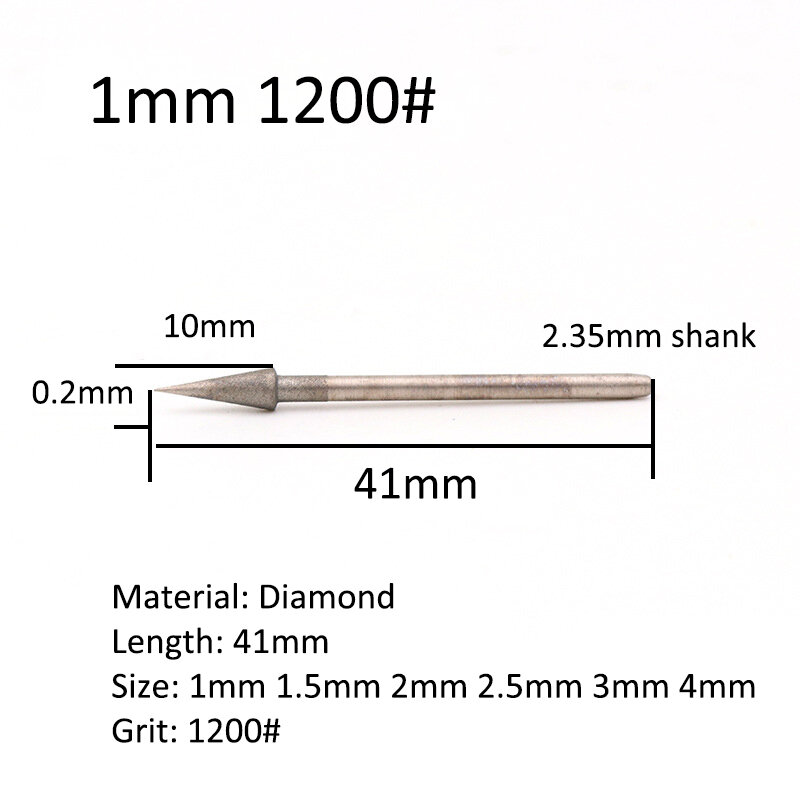 Tête de meulage diamant pointue de 1 à 4mm, 2 pièces, aiguille D, foret à tige de 2.35mm, mèche de gravure pour outils rotatifs Dremel
