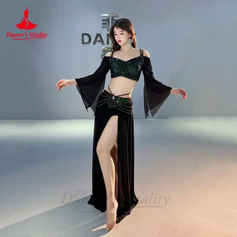 Женский сетчатый топ с длинным рукавом и газовая длинная юбка, комплект из 2 предметов для тренировок, одежда для восточных танцев живота