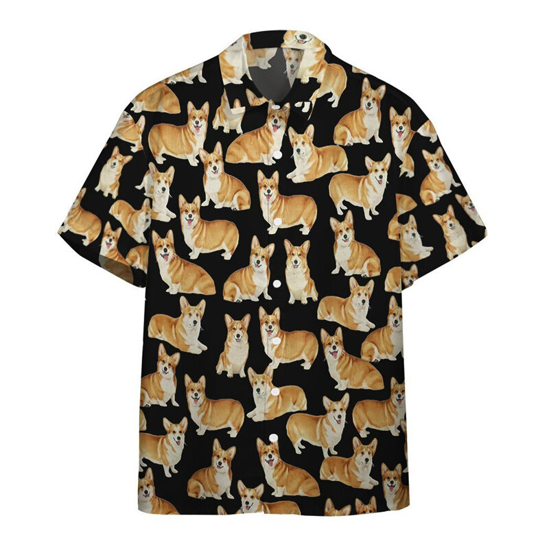 Camisa hawaiana con estampado 3d de perro Corgi para hombre, Blusa de manga corta con botones y solapa, con estampado de animales, para verano