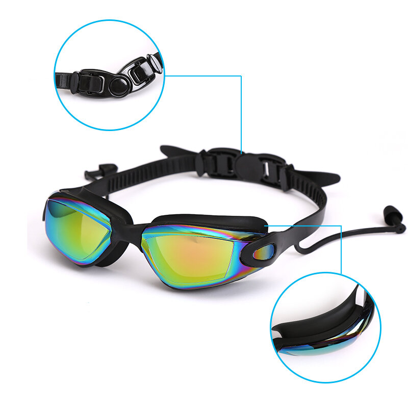 Adluts-Gafas de natación de silicona, lentes con tapones para los oídos y clip para la nariz, electrochapa, color negro/gris/azul
