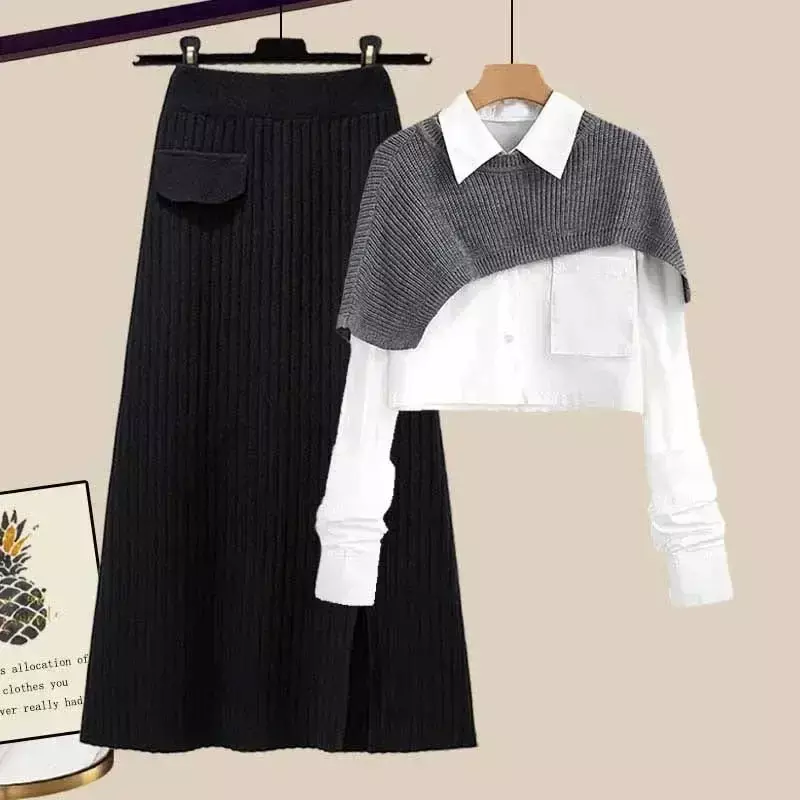 2024 New Autumn Dress Sets Female Loose Knit Shawl+Long Sleeve Shirt+High Waist Knitted Half Skirt Three Piece Set