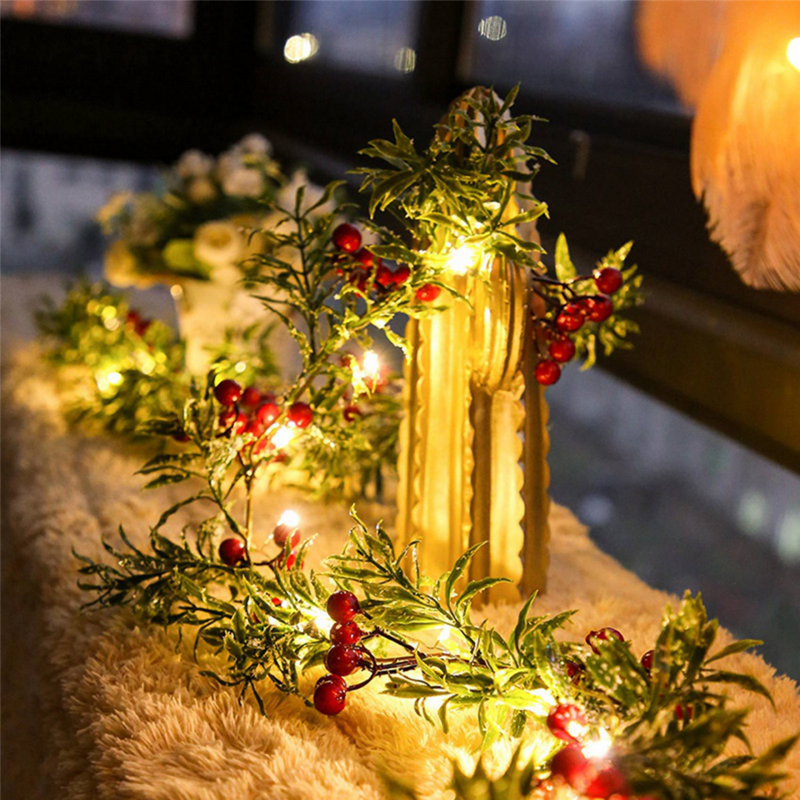 屋外LEDストリングライト,パインリーフ,ベリーライト,銅線,妖精の花輪,パティオランプ,クリスマス,2 m, 20 LED, 2個