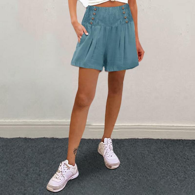 Pantalones cortos plisados con botones para mujer, diseño de línea a de cintura alta con bolsillos laterales para actividades deportivas de vacaciones