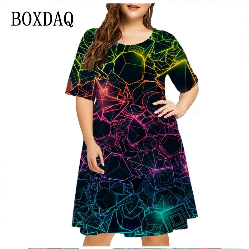 Neue abstrakte Farbverlauf Geometrie Kleider für Frauen plus Größe Kleidung Sommer Mode Street Hipster Kurzarm A-Linie Kleid