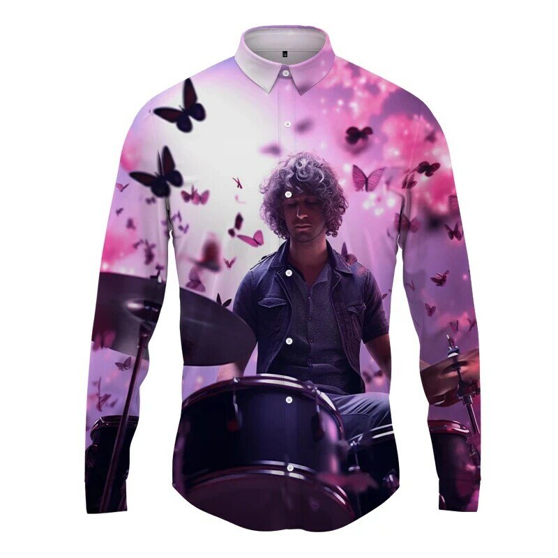 Newest Men's Fashion Casual Long Sleeve Shirts Men's Playing Drums 3d Printed Shirts Street Trend Shirts Sports Party Shirts Top
