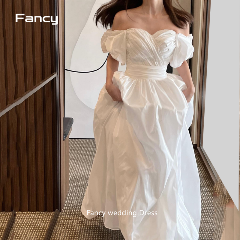 Fancy Bescheiden Eenvoudige Trouwjurken Off Shoulder Liefje Riem Koreaanse Bruidsjurken Robe De Mariage Formele Feestjurk