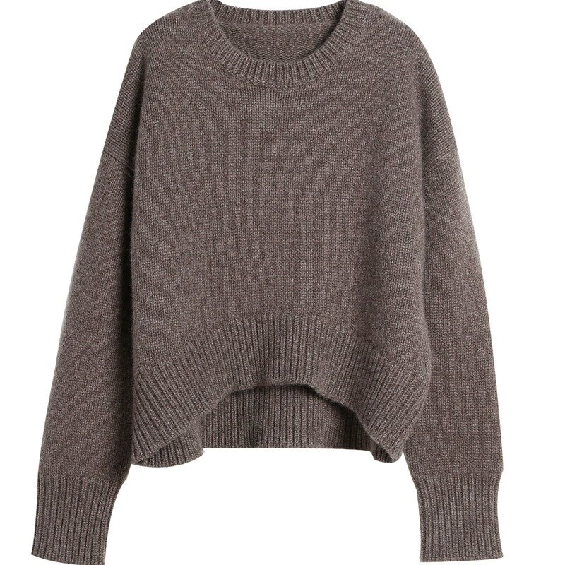 Suéter feminino grosso com gola redonda, 100% caxemira, malha solta, outono e inverno, novo, 2023