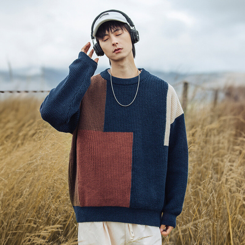 Suéter de malha com blocos coloridos masculino, suéter casual solto, gola em O, estilo coreano, design de nichos, novo, outono e inverno, 2023