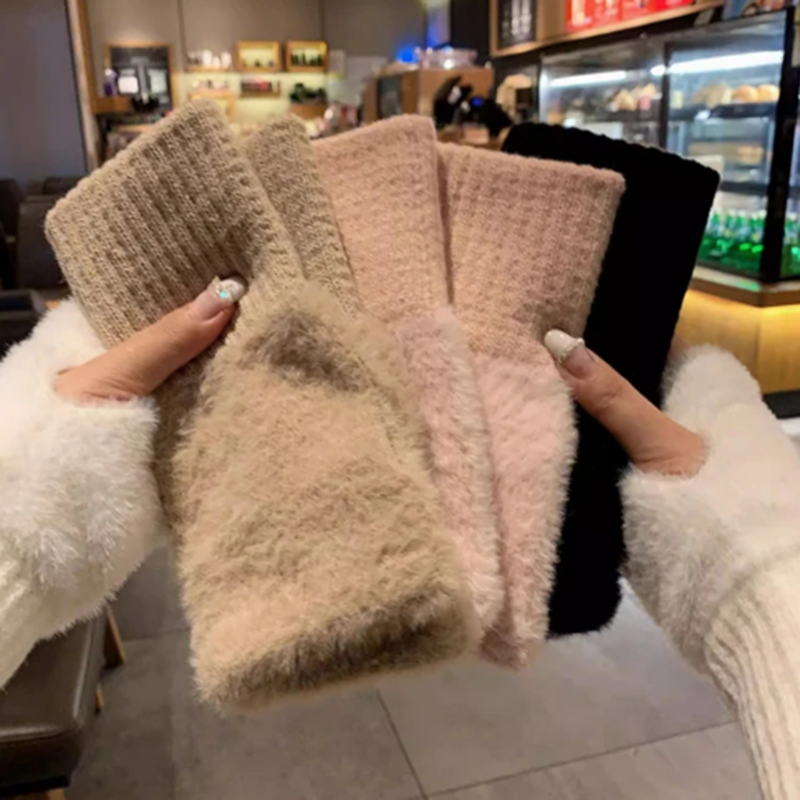 Women Furry Warm Sleeves Gloves Autumn Winter Lady Faux Rabbit Fur Fingerless Elastic Knitted Mittens Clothing Accessories 2023